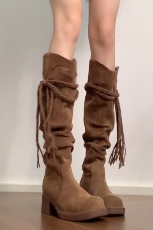 Thick-Soled Retro Knight Boots for Women, Genuine Leather Cowhide, Suede Tassel, Chunky Heel, Mid-Calf, Y2K Style