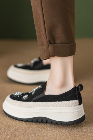 Thick-Soled Rhinestone Embroidered Genuine Leather Loafers for Women - Italian-Style Soft-Soled Non-Fatiguing Comfort