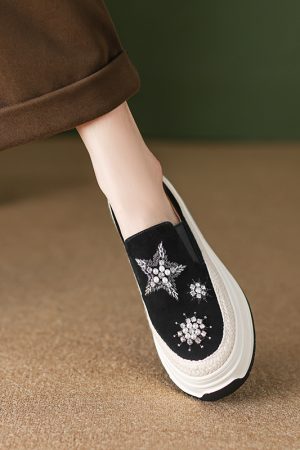 Thick-Soled Rhinestone Embroidered Genuine Leather Loafers for Women - Italian-Style Soft-Soled Non-Fatiguing Comfort