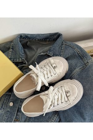 Thick-Soled Sheepskin Lace-Up Vintage White Sneakers for Women - Versatile Sports Casual Shoes, Trendy 90s Style