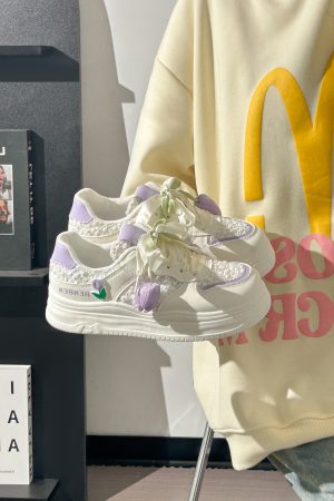 Thick-Soled Tulip Flower Design Women's Shoes, Breathable Summer Sports Footwear, Versatile Little White Sneakers