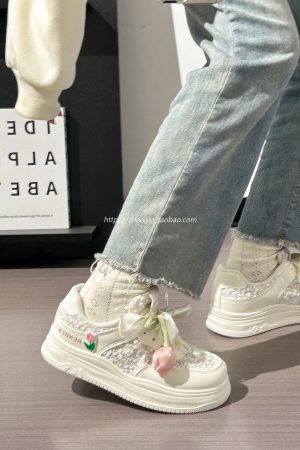 Thick-Soled Tulip Flower Design Women's Shoes, Breathable Summer Sports Footwear, Versatile Little White Sneakers