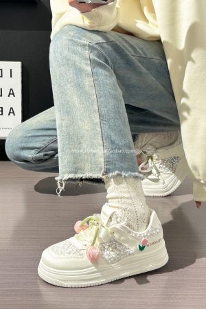 Thick-Soled Tulip Flower Design Women's Shoes, Breathable Summer Sports Footwear, Versatile Little White Sneakers