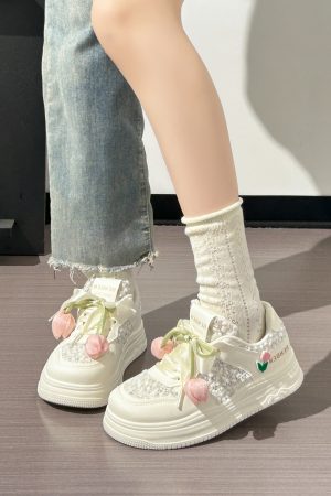 Thick-Soled Tulip Flower Design Women's Shoes, Breathable Summer Sports Footwear, Versatile Little White Sneakers