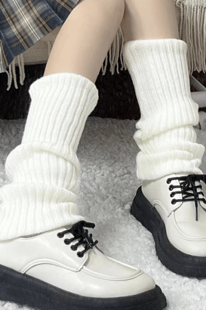 Thickened Warm White Mid-Calf Knitted Leg Warmers for Autumn & Winter - Japanese JK Style