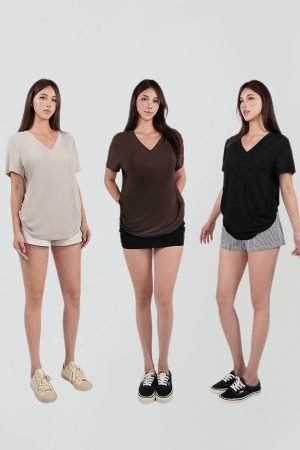 Three-Color V-Neck Loose T-Shirt - Dropped Shoulder, Cool Feel Stretch Top for Casual Style