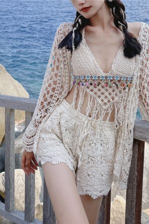 Three-Piece Beach Set with Backless Tie Neck Camisole and Sun Protection Jacket for Women - Tropical Vacation Style