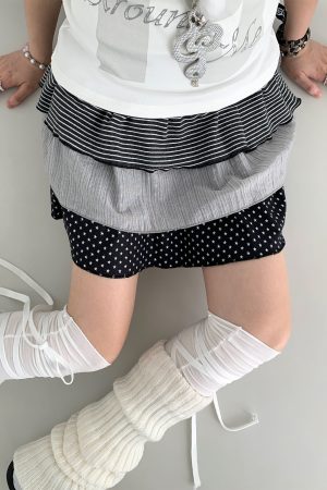 Three-Piece Women's Summer A-Line Polka Dot and Striped Pleated Cake Skirt - Trendy Patchwork Design for a Chic Look