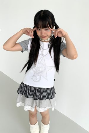 Three-Piece Women's Summer A-Line Polka Dot and Striped Pleated Cake Skirt - Trendy Patchwork Design for a Chic Look