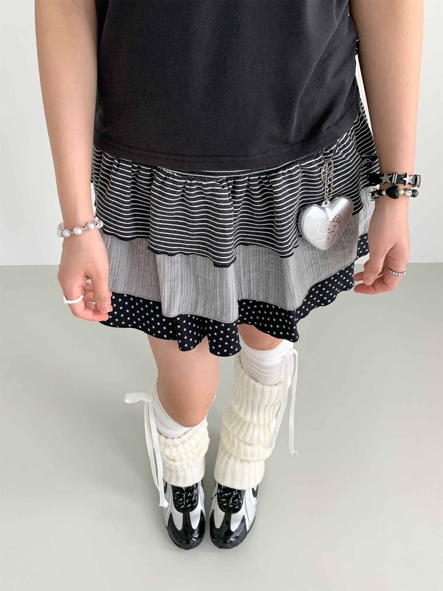 Three-Piece Women's Summer A-Line Polka Dot and Striped Pleated Cake Skirt - Trendy Patchwork Design for a Chic Look Three-Piece Women's Summer A-Line Polka Dot and Striped Pleated Cake Skirt - Trendy Patchwork Design for a Chic Look