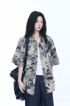 Tie-Dye Textured Short Sleeve Shirt for Women, Summer Loose Lightweight Blouse, Casual 90s Y2K Style Top