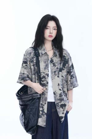 Tie-Dye Textured Short Sleeve Shirt for Women, Summer Loose Lightweight Blouse, Casual 90s Y2K Style Top