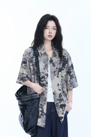 Tie-Dye Textured Short Sleeve Shirt for Women, Summer Loose Lightweight Blouse, Casual 90s Y2K Style Top