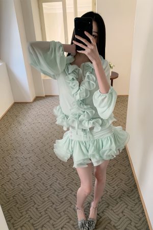 Transparent Chiffon 3D Ruffled Cardigan and Short Skirt Set - Wizard of Oz Inspired Floral Design