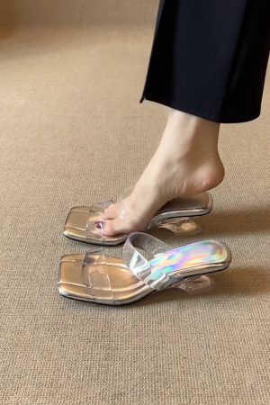 Transparent One-Strap Sheepskin Sandals for Women - Summer High Heels, Fashionable Outdoor Footwear to Pair with Skirts