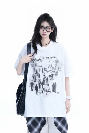 Trendy American Street Style Graffiti T-Shirt for Women, Loose Fit Boyfriend Style, Pure Cotton, Summer Short Sleeve Top