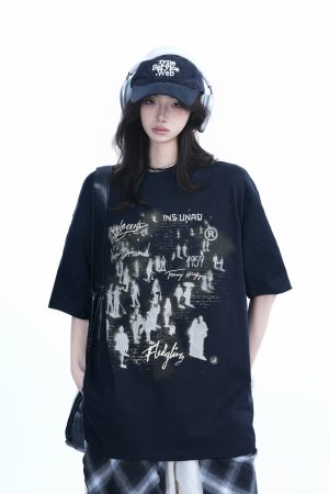 Trendy American Street Style Graffiti T-Shirt for Women, Loose Fit Boyfriend Style, Pure Cotton, Summer Short Sleeve Top