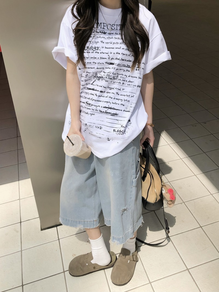 Trendy American Style All-Over Print Bullet Letter Short-Sleeve T-Shirt for Men and Women - Summer Loose Fit Couple Tee Trendy American Style All-Over Print Bullet Letter Short-Sleeve T-Shirt for Men and Women - Summer Loose Fit Couple Tee