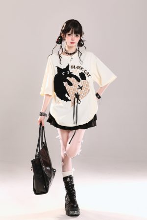 Trendy American-Style Cartoon Print Short Sleeve T-Shirt for Women - Cute Loose Fit Summer Top