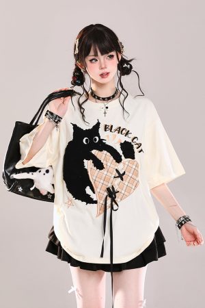 Trendy American-Style Cartoon Print Short Sleeve T-Shirt for Women - Cute Loose Fit Summer Top