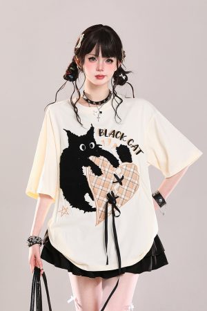 Trendy American-Style Cartoon Print Short Sleeve T-Shirt for Women - Cute Loose Fit Summer Top