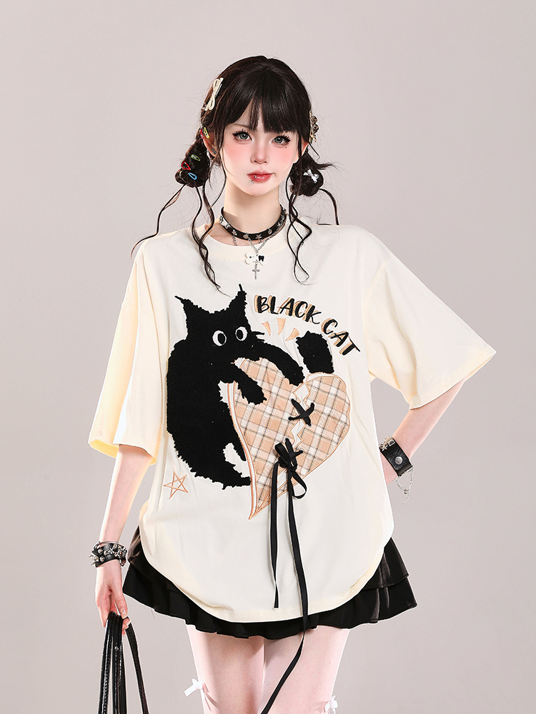 Trendy American-Style Cartoon Print Short Sleeve T-Shirt for Women - Cute Loose Fit Summer Top Trendy American-Style Cartoon Print Short Sleeve T-Shirt for Women - Cute Loose Fit Summer Top