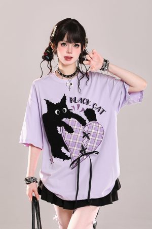 Trendy American-Style Cartoon Print Short Sleeve T-Shirt for Women - Cute Loose Fit Summer Top