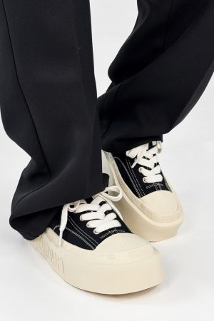 Trendy Black and White Thick-Soled Canvas Sneakers for Men and Women, Summer Casual Square Toe Couple Shoes