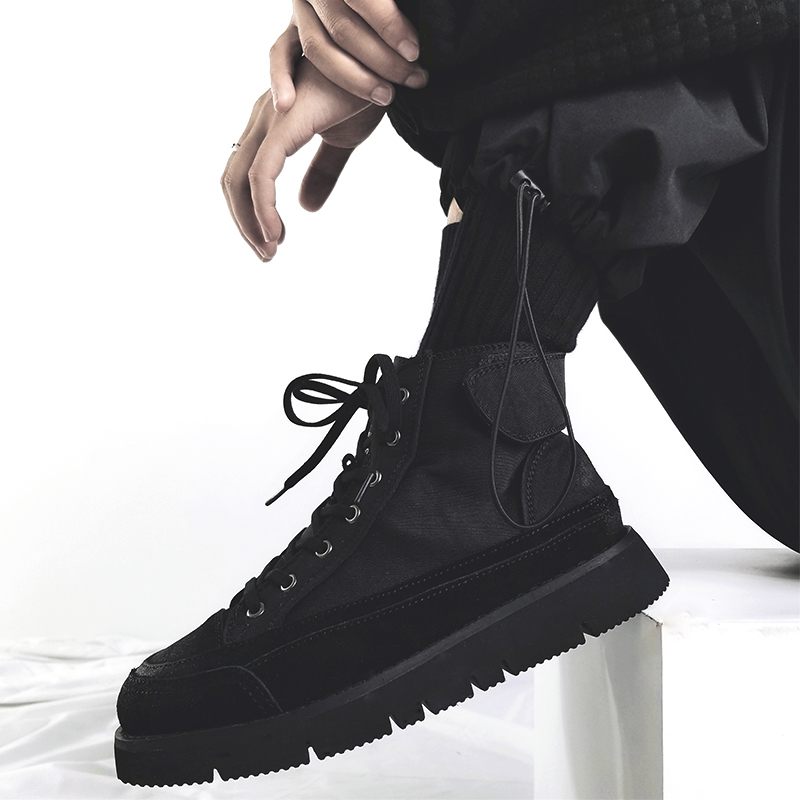 Trendy Black High-Top Martin Boots for Men, British-Style Canvas Motorcycle Sneakers, Functional Hong Kong Fashion Trendy Black High-Top Martin Boots for Men, British-Style Canvas Motorcycle Sneakers, Functional Hong Kong Fashion