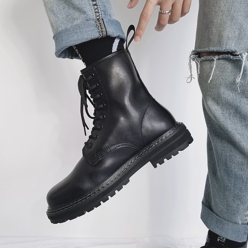 Trendy Black High-Top Martin Boots for Men | Genuine Leather Motorcycle Work Shoes | Versatile Hong Kong Style Trendy Black High-Top Martin Boots for Men | Genuine Leather Motorcycle Work Shoes | Versatile Hong Kong Style