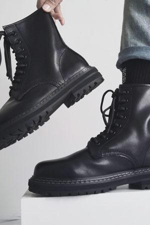 Trendy Black High-Top Martin Boots for Men | Genuine Leather Motorcycle Work Shoes | Versatile Hong Kong Style
