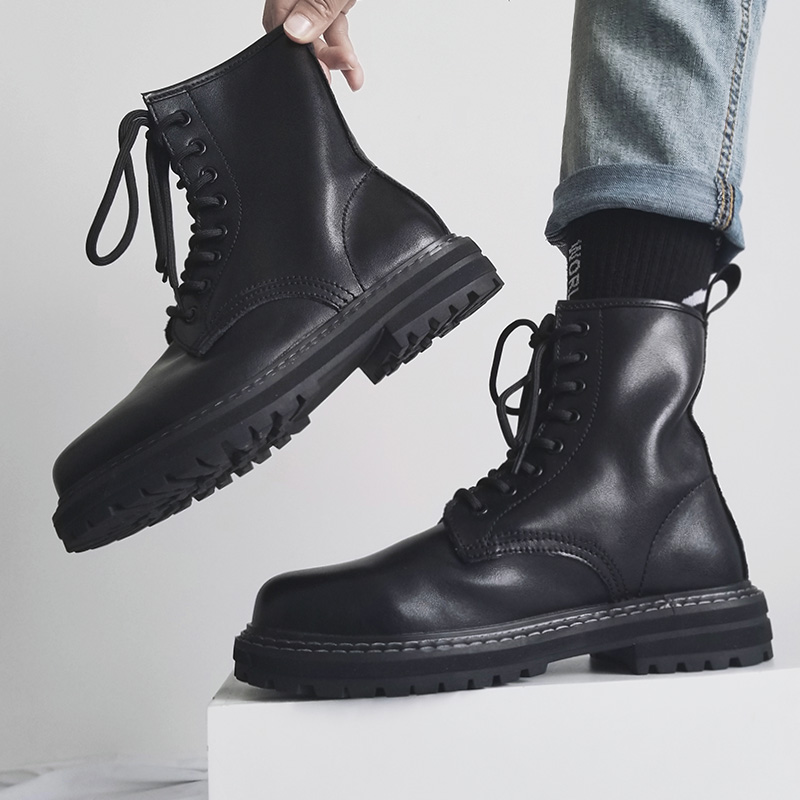 Trendy Black High-Top Martin Boots for Men | Genuine Leather Motorcycle Work Shoes | Versatile Hong Kong Style Trendy Black High-Top Martin Boots for Men | Genuine Leather Motorcycle Work Shoes | Versatile Hong Kong Style