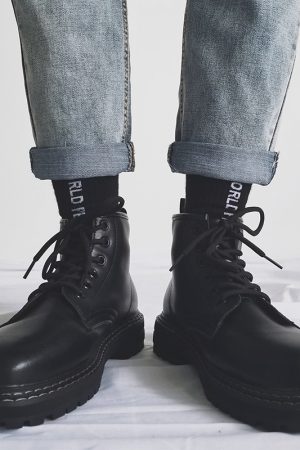 Trendy Black High-Top Martin Boots for Men | Genuine Leather Motorcycle Work Shoes | Versatile Hong Kong Style