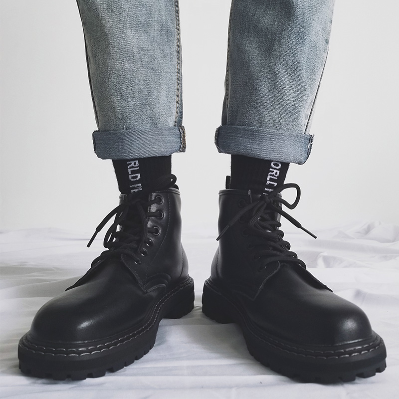 Trendy Black High-Top Martin Boots for Men | Genuine Leather Motorcycle Work Shoes | Versatile Hong Kong Style Trendy Black High-Top Martin Boots for Men | Genuine Leather Motorcycle Work Shoes | Versatile Hong Kong Style