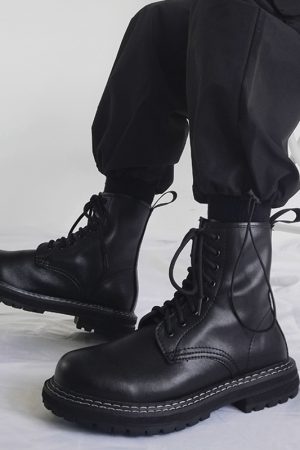 Trendy Black High-Top Martin Boots for Men | Genuine Leather Motorcycle Work Shoes | Versatile Hong Kong Style