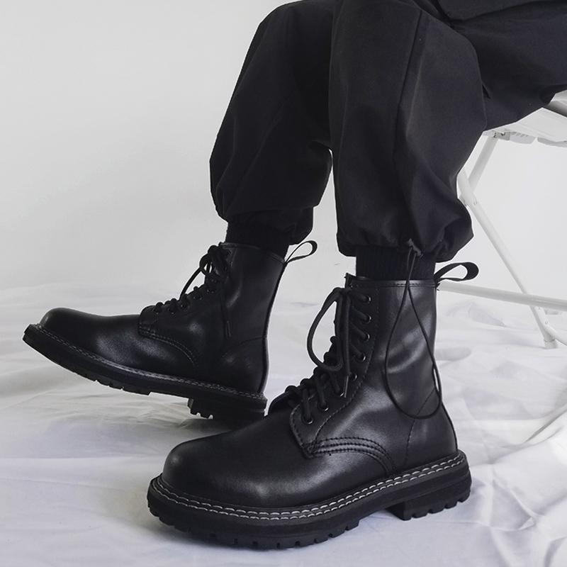 Trendy Black High-Top Martin Boots for Men | Genuine Leather Motorcycle Work Shoes | Versatile Hong Kong Style Trendy Black High-Top Martin Boots for Men | Genuine Leather Motorcycle Work Shoes | Versatile Hong Kong Style