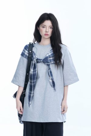 Trendy Black Short Sleeve T-shirt for Women with Butterfly Knot Spliced Design - American Style Loose Fit Top