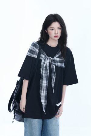 Trendy Black Short Sleeve T-shirt for Women with Butterfly Knot Spliced Design - American Style Loose Fit Top