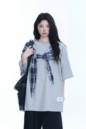 Trendy Black Short Sleeve T-shirt for Women with Butterfly Knot Spliced Design - American Style Loose Fit Top