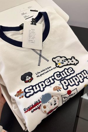 Trendy Color-Block Embroidered Dog Cartoon Short Sleeve T-Shirt for Women - Summer 2025 Patchwork Style Top
