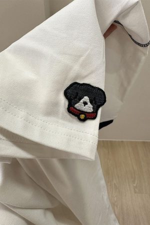 Trendy Color-Block Embroidered Dog Cartoon Short Sleeve T-Shirt for Women - Summer 2025 Patchwork Style Top