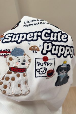 Trendy Color-Block Embroidered Dog Cartoon Short Sleeve T-Shirt for Women - Summer 2025 Patchwork Style Top