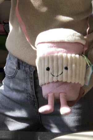 Trendy Cute Cartoon Plush Crossbody Bag - Fun Doll Handheld Toy Cup Sleeve for Milk Tea - 2025 Fashion Accessory