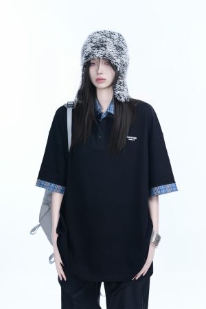 Trendy Fake Two-Piece Plaid Spliced Lapel Short Sleeve T-Shirt for Women - Loose Fit, Niche Design, Y2K Style