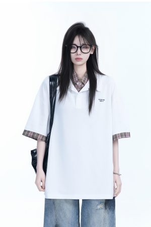 Trendy Fake Two-Piece Plaid Spliced Lapel Short Sleeve T-Shirt for Women - Loose Fit, Niche Design, Y2K Style