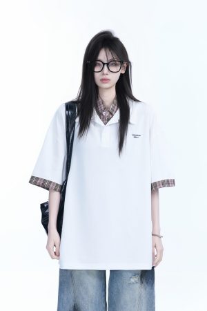 Trendy Fake Two-Piece Plaid Spliced Lapel Short Sleeve T-Shirt for Women - Loose Fit, Niche Design, Y2K Style