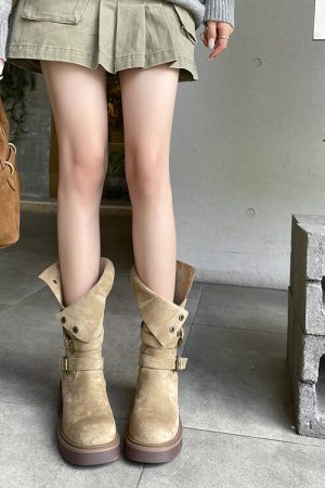 Trendy Foldable Slouch Martin Boots for Women - Petite High-Heeled Thick-Soled Fashion Boots, Y2K Style