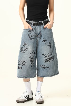 Trendy Graffiti Letter Denim Shorts for Men and Women - Loose Fit, American Retro Style, Streetwear Inspired, Casual Summer Pants