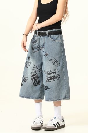 Trendy Graffiti Letter Denim Shorts for Men and Women - Loose Fit, American Retro Style, Streetwear Inspired, Casual Summer Pants
