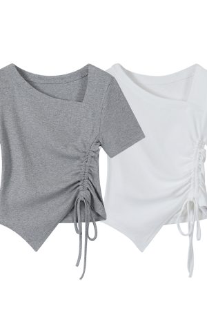 Trendy Irregular Fitted Short Sleeve T-Shirt for Women with Drawstring - Summer Sweet and Spicy Top, Y2K Style